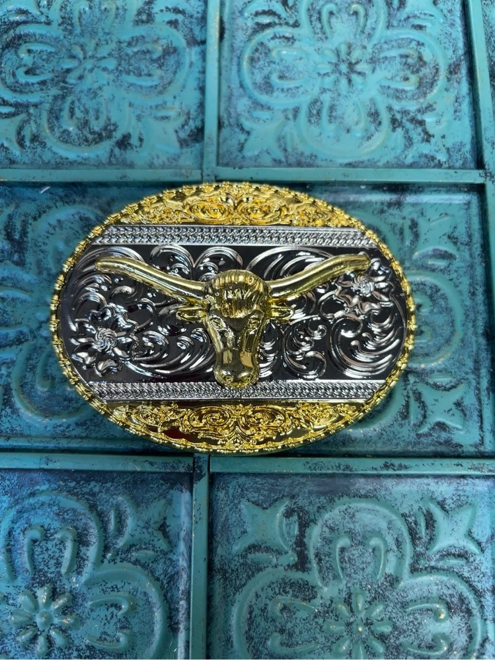 Western Longhorn Bull Gold Silver Belt Buckle
